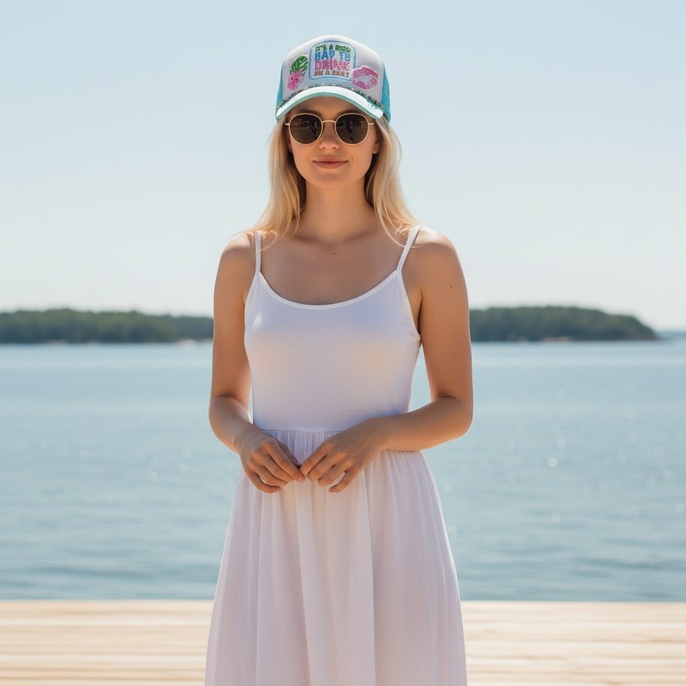 Handmade Drink on a Boat Custom Trucker Hat Blue Mesh Snapback Tropical Floral